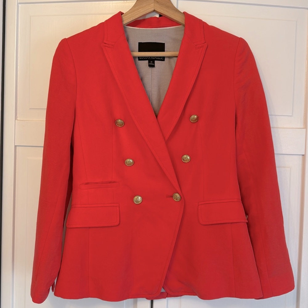 Banana Republic BR Linen Blend Double Breasted Blazer, Coral, Gold Buttons, 0